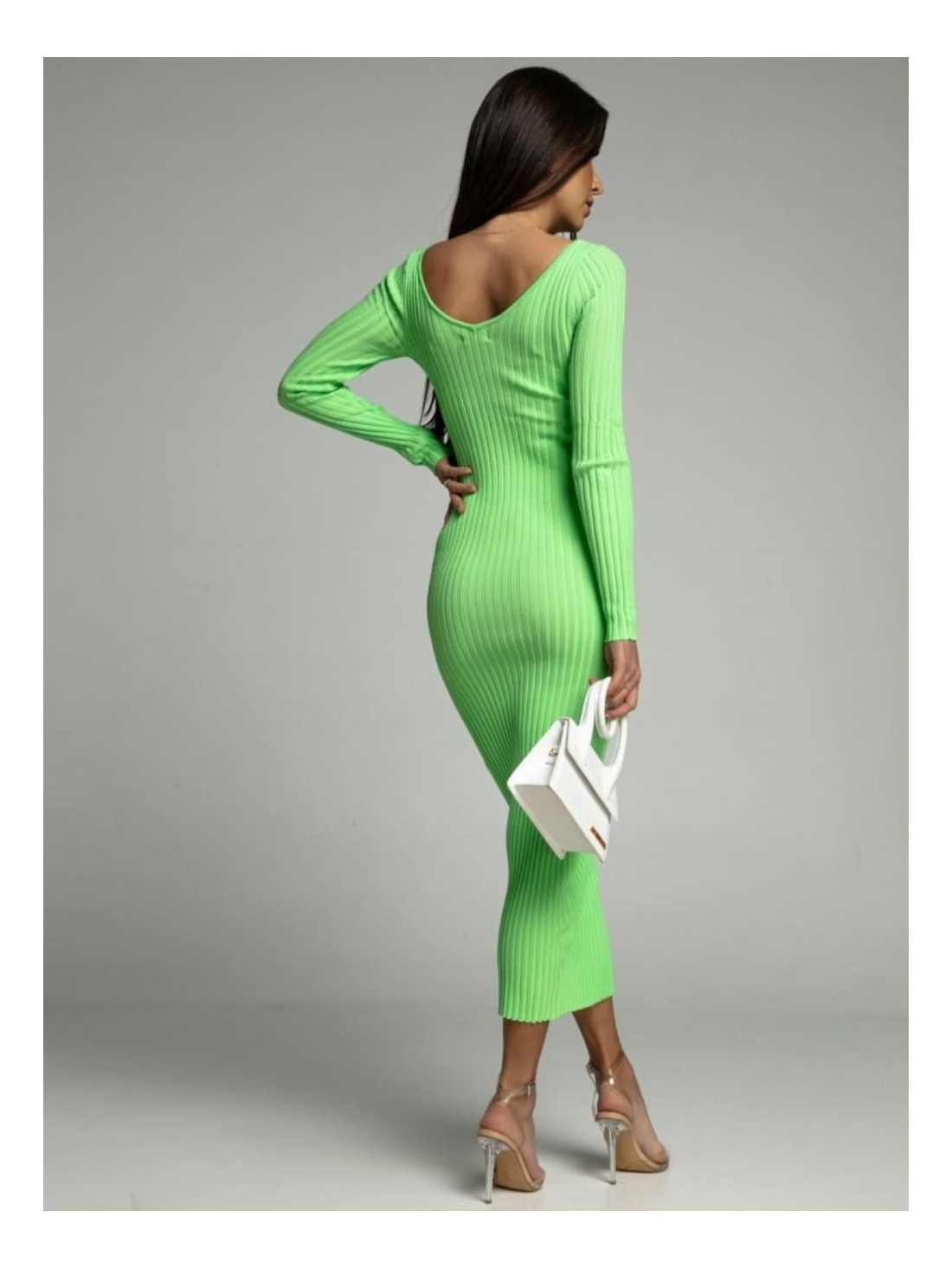 Pencil dress with long sleeves and a neckline, lime green AZRJL813 - Online store - Boutique